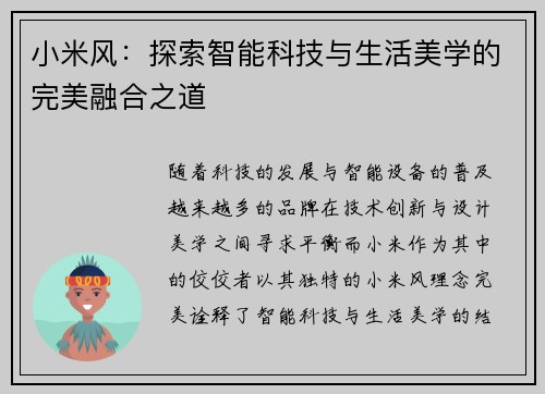 小米风：探索智能科技与生活美学的完美融合之道