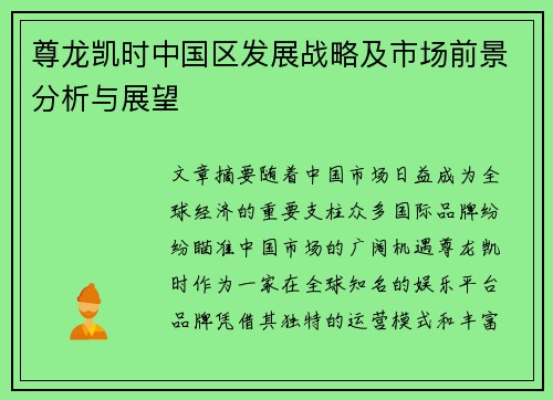 尊龙凯时中国区发展战略及市场前景分析与展望